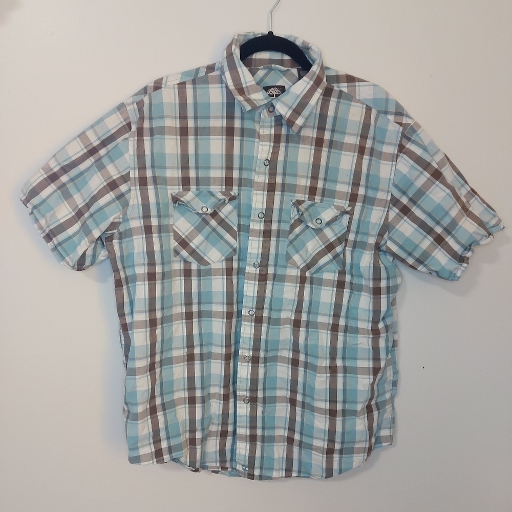 Men's Blue and Brown Timberland Plaid Shirt Large